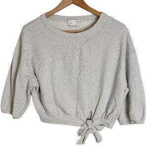 Anthropologie Postmark Ivory Cropped Striped Boxy Sweatshirt hemline tie size S